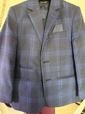 Kids Blue and Black Plaid Suit with Pocket Square